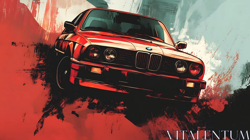 Red BMW coupe illustrated with bold dynamic brush strokes