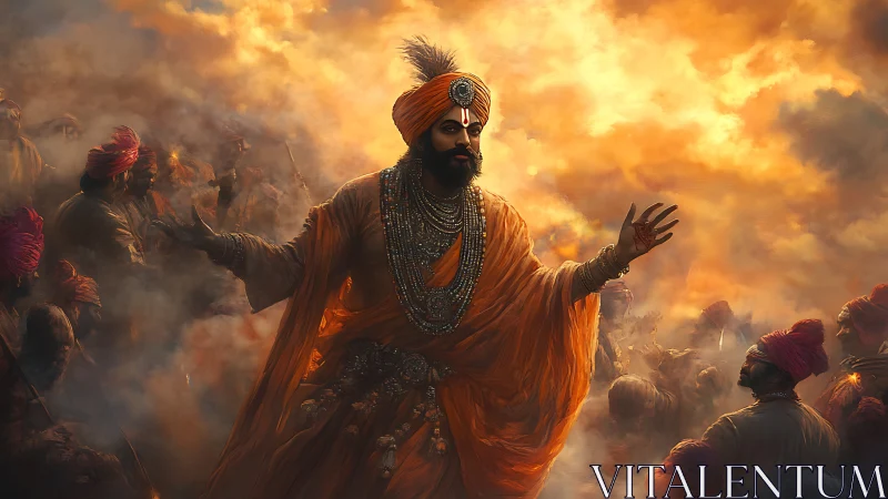 Regal warrior orator in turbulent orange battlefield haze.