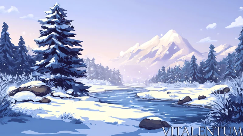 Snow-draped pines guard a crystal river beneath pastel peaks.