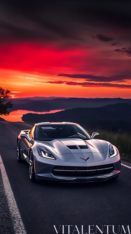 Aerodynamic silver sports coupe under saturated red sunset sky
