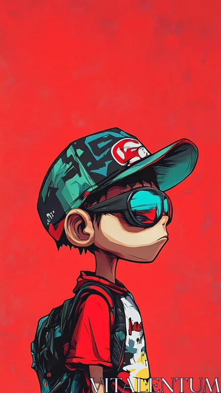 Stylized streetwear kid in sunglasses on bold red backdrop.