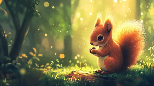 Backlit red squirrel in sunlit forest clearing, bokeh glow