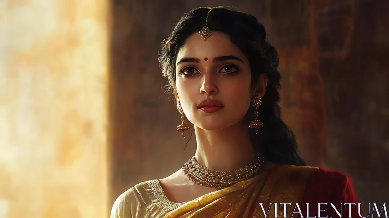 Portrait of woman in traditional attire, warm side lighting.