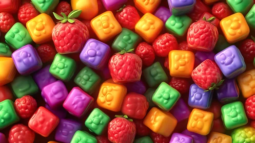 Colorful candy composition with dimensional raspberries and geometric blocks.
