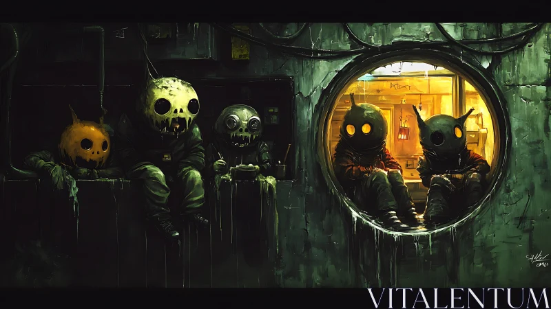 Cyberpunk wasteland orphans framed in corroded bulkhead portal.