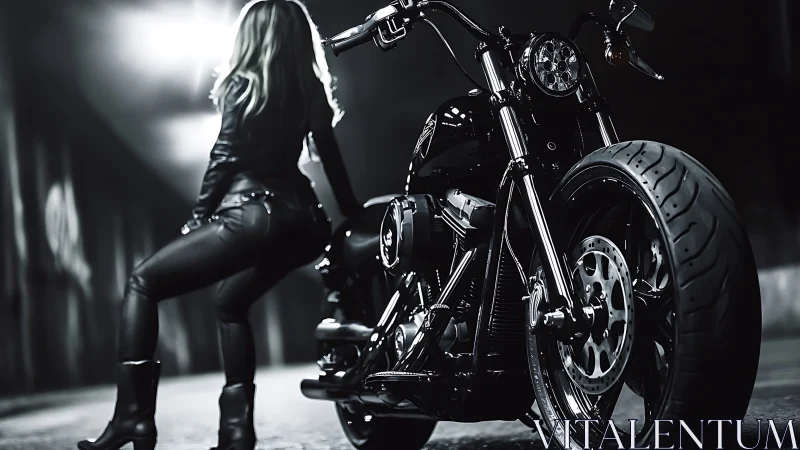 Low‑angle study of custom cruiser motorcycle and rider in tunnel