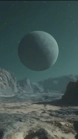 Digital painting of lunar sphere over glacial alien valley.