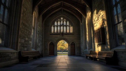 Sunlit gothic corridor cradling quiet benches and autumn glow.