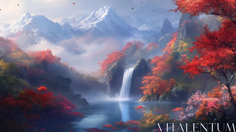 Autumnal alpine cascade framed by misty peaks and lake reflections