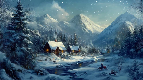 Snowy mountain cabin glows warmly in a tranquil winter valley