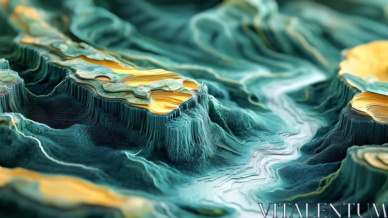 Layered teal terrain with yellow ridges forms abstract valley