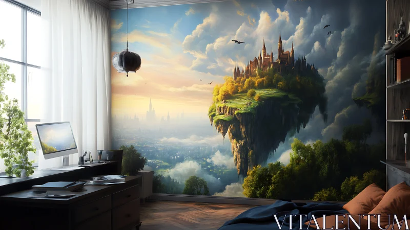 Fantasy castle mural transforms a modern home office retreat