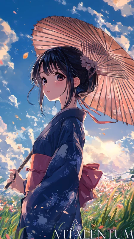 Kimono girl holds parasol under luminous spring sky.
