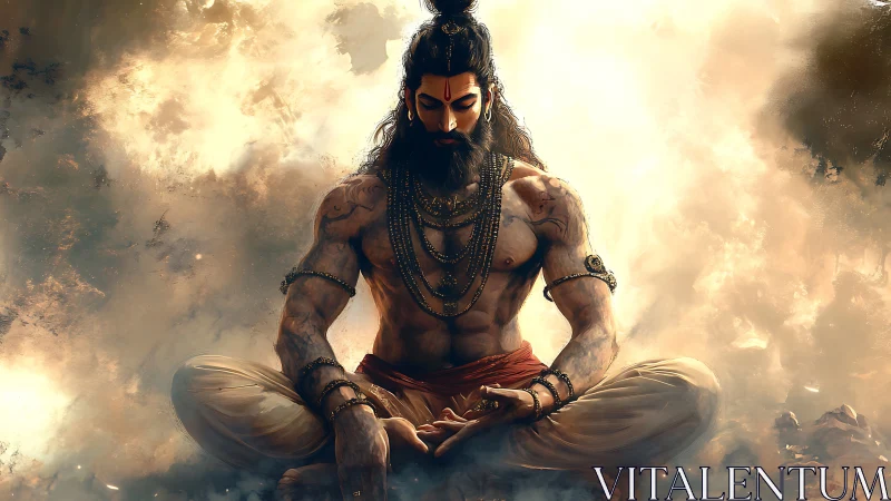 Muscular bearded yogi in deep meditation amid glowing clouds.