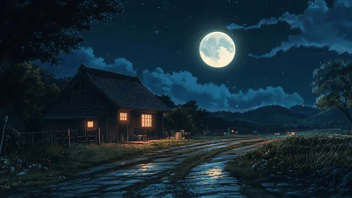 Moonlit farmhouse overlooks wet country road at night.
