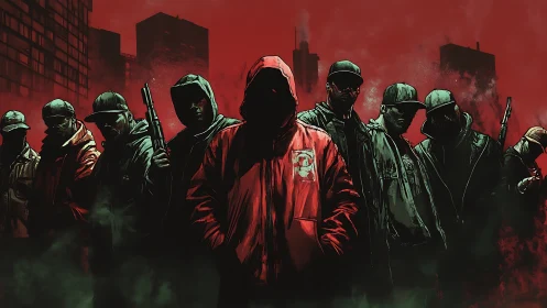 Hooded urban group with weapons in red city background.