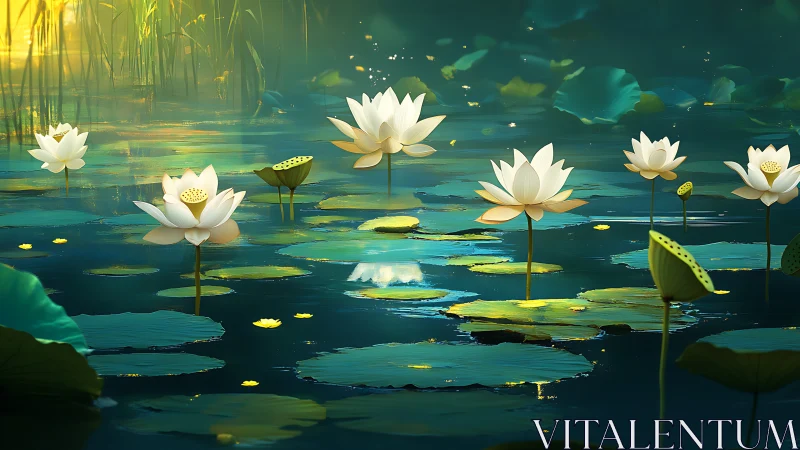 Digital lotus pond at dusk with glowing water reflections.
