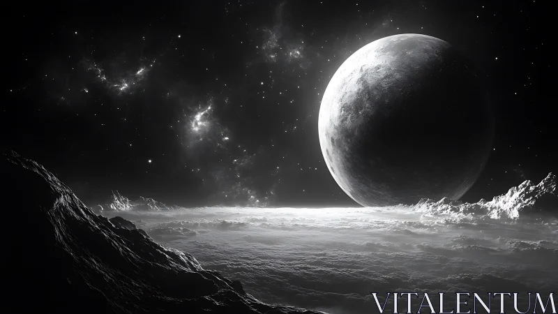 Monochrome planetary landscape with cratered moon and stars.