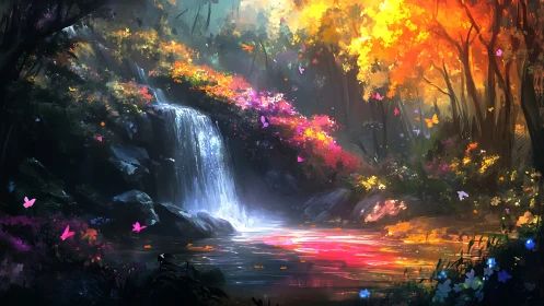 Colorful forest waterfall with reflective stream and butterflies.