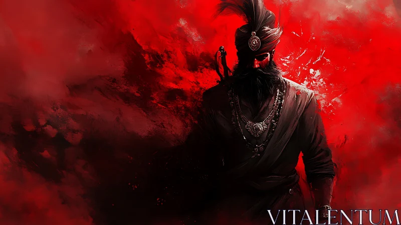 Crimson warrior prince emerging from swirling red storm.