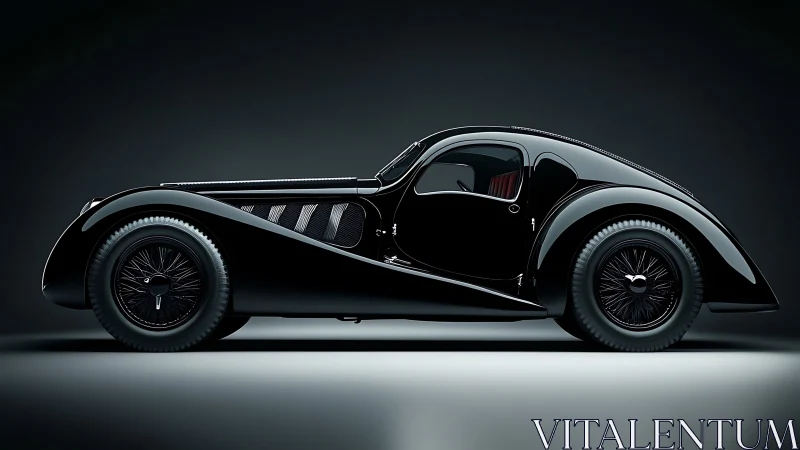 Streamlined black vintage coupe is rendered in side profile