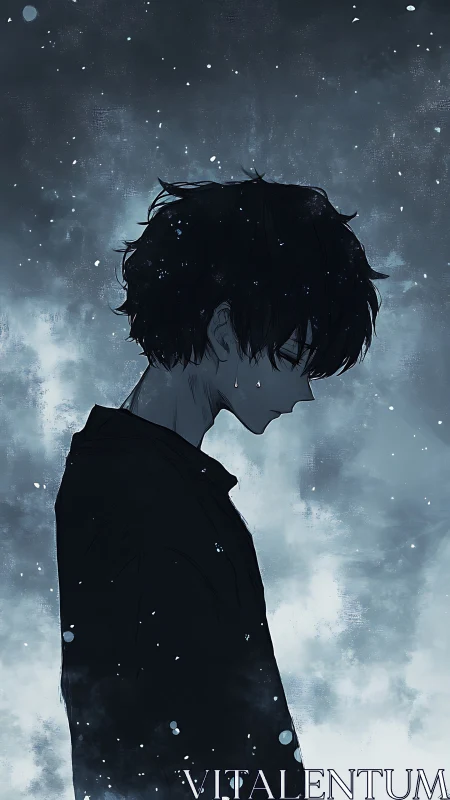 Snow-silent boy in moonlit blues, haloed by falling hush.