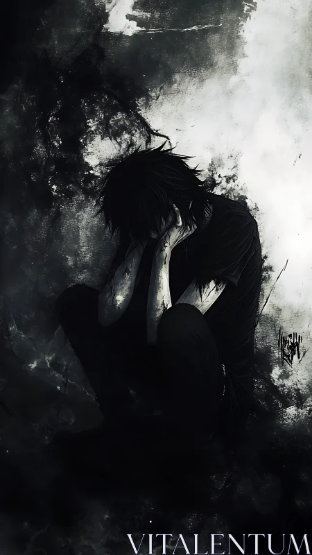 Ink-soaked shadows cradle a lone soul folded in quiet collapse