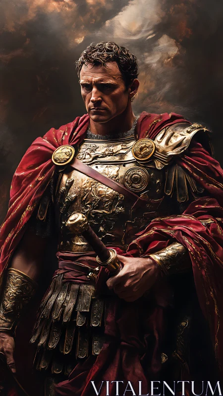 Roman commander in ornate lorica segmentata under storm-lit sky