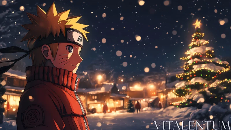 Anime character in snowy village with decorated tree at night.