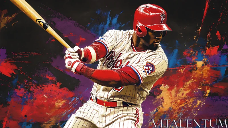 Baseball slugger drives powerful swing through color storm.