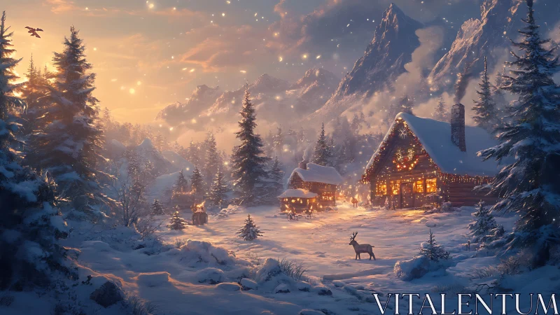 Digital painting of alpine winter lodge with warm lighting.