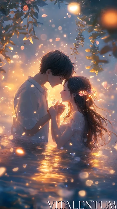 Luminescent Embrace: Digital Painting of Romantic Figures in Golden Light.