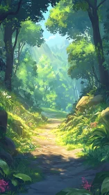 Sunlit Forest Path Through Ancient Woods