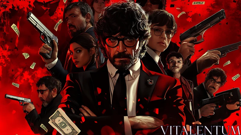 Bold heist crew stands united beneath a storm of scarlet.