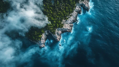 Rugged Coastline Meets Tropical Forest Under Turquoise Waves.