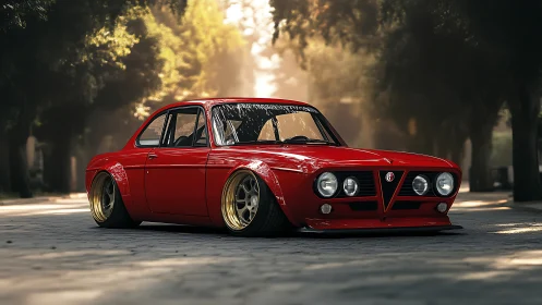 Low-slung red classic coupe under cinematic backlit trees.
