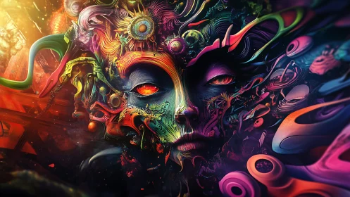 Multicolored abstract face with intricate flowing forms.