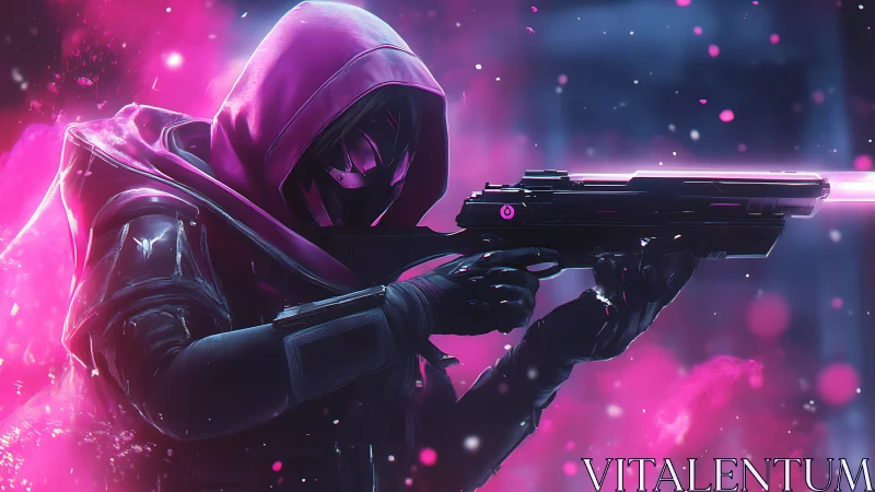 Neon hooded sniper bathing a cybercity in pink plasma.