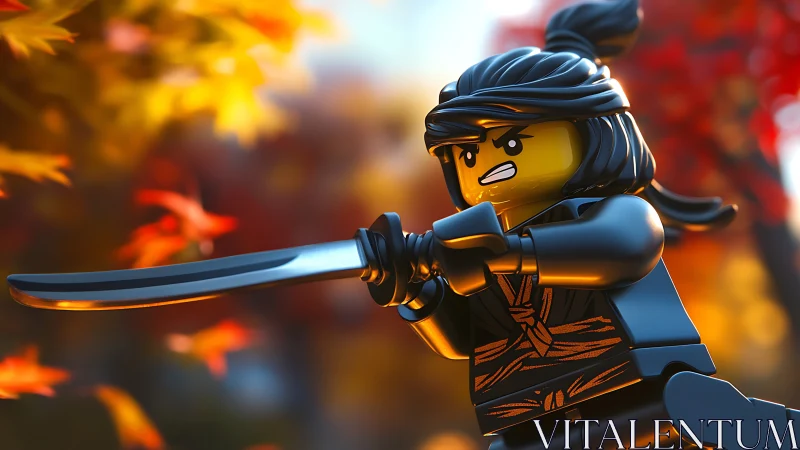 LEGO ninja minifigure with sword in autumn scene.