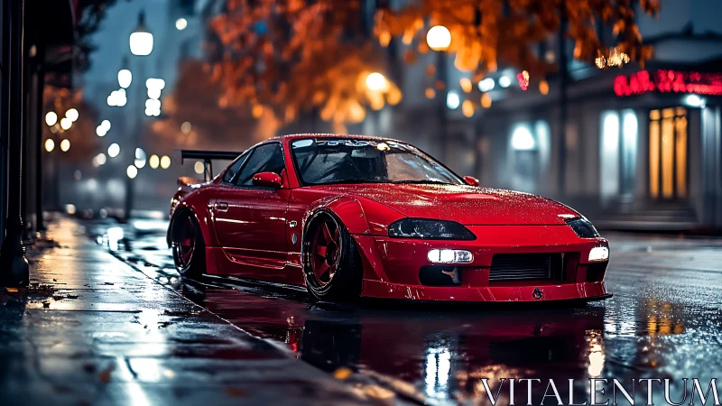 Crimson street racer idling under rainlit autumn neon streets.