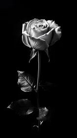 Monochrome macro photograph of single rose on black background.