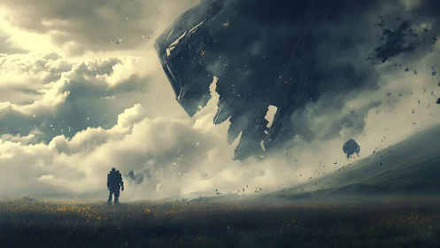 Lonely explorer watches a colossal starship drown in clouds