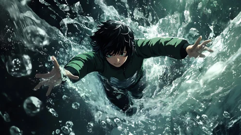 Determined swimmer surges upward through churning water spray