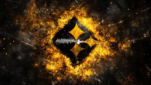 Explosive abstract emblem disintegrates within dynamic flame field