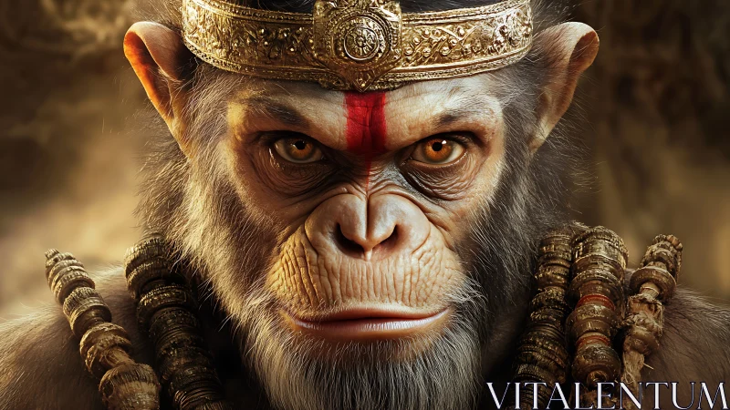 Regal warrior monkey portrait with ornate crown and beads.
