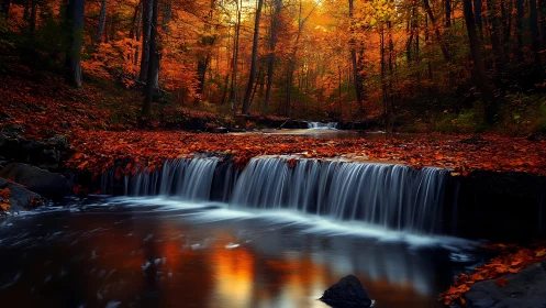 Long-exposure forest cascade under saturated autumn canopy.