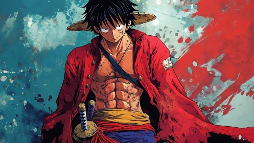 Straw-hatted pirate strides through storm-slashed colors.