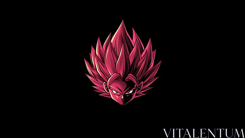 Spiky pink anime warrior head glows against black void