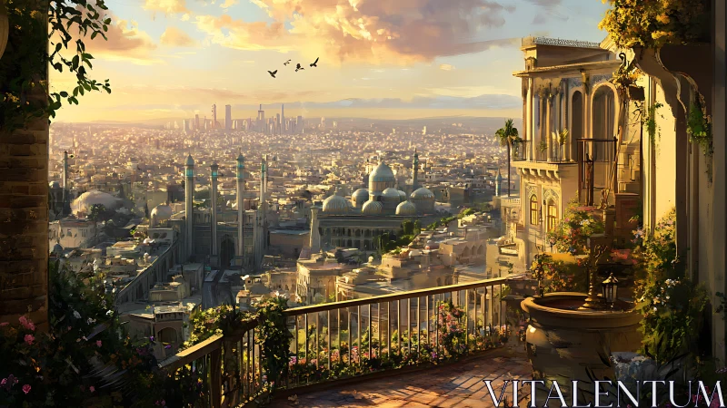 Sunlit balcony overlooking sprawling domed desert cityscape