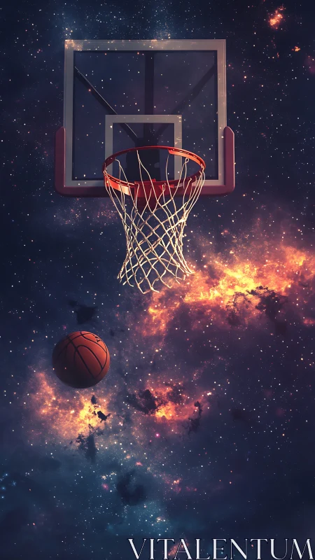 Galactic basketball hoop hangs above glowing nebula court.